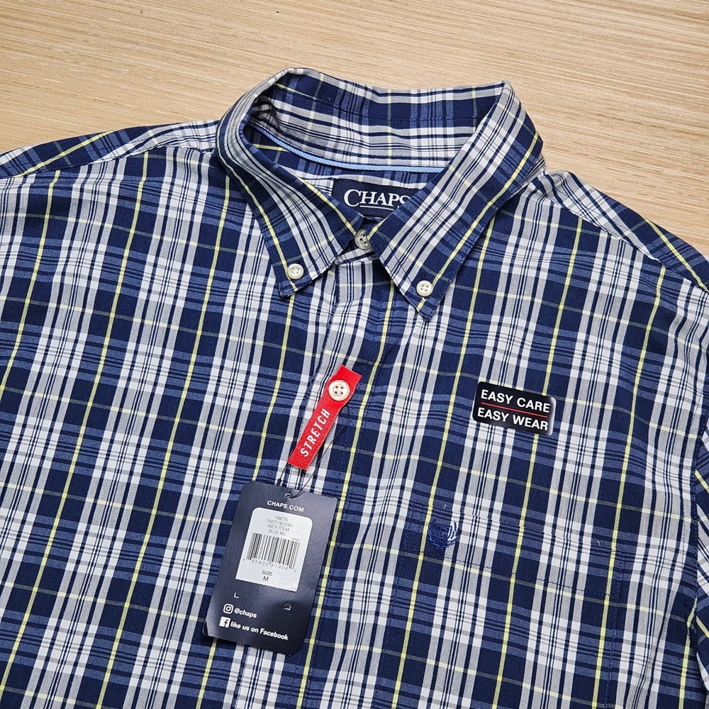 Chaps Button Down Shirt Men M Blue Plaid Stretch Easy Care Long Sleeve NEW